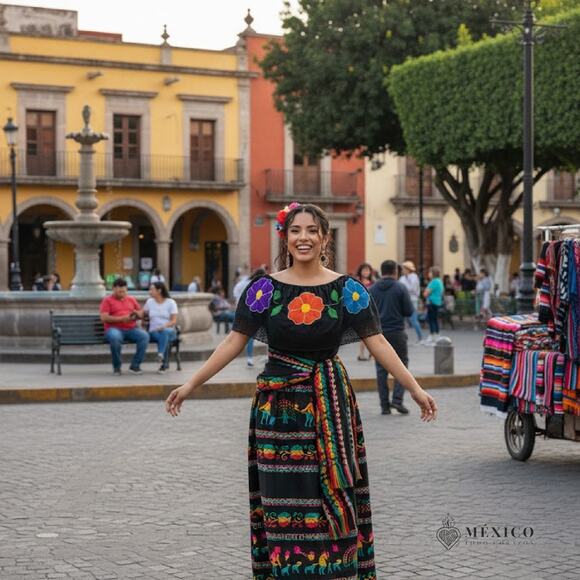 Mexican 3 piece set Blouse Cambaya skirt elastic waist and belt or mini rebozo - Picture 7 of 12